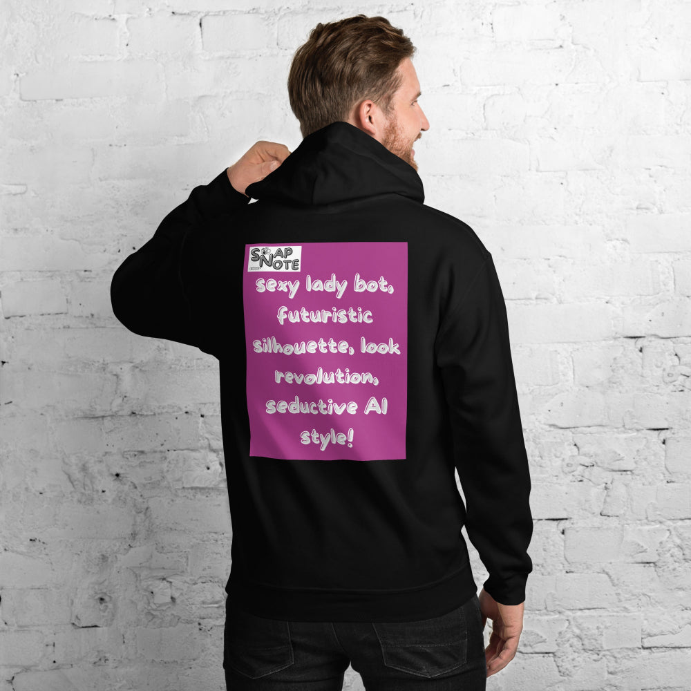 Man-supermodel-wearing-unisex-heavy-blend-hoodie-black-lady-robot-back-SnapNote-streetwear