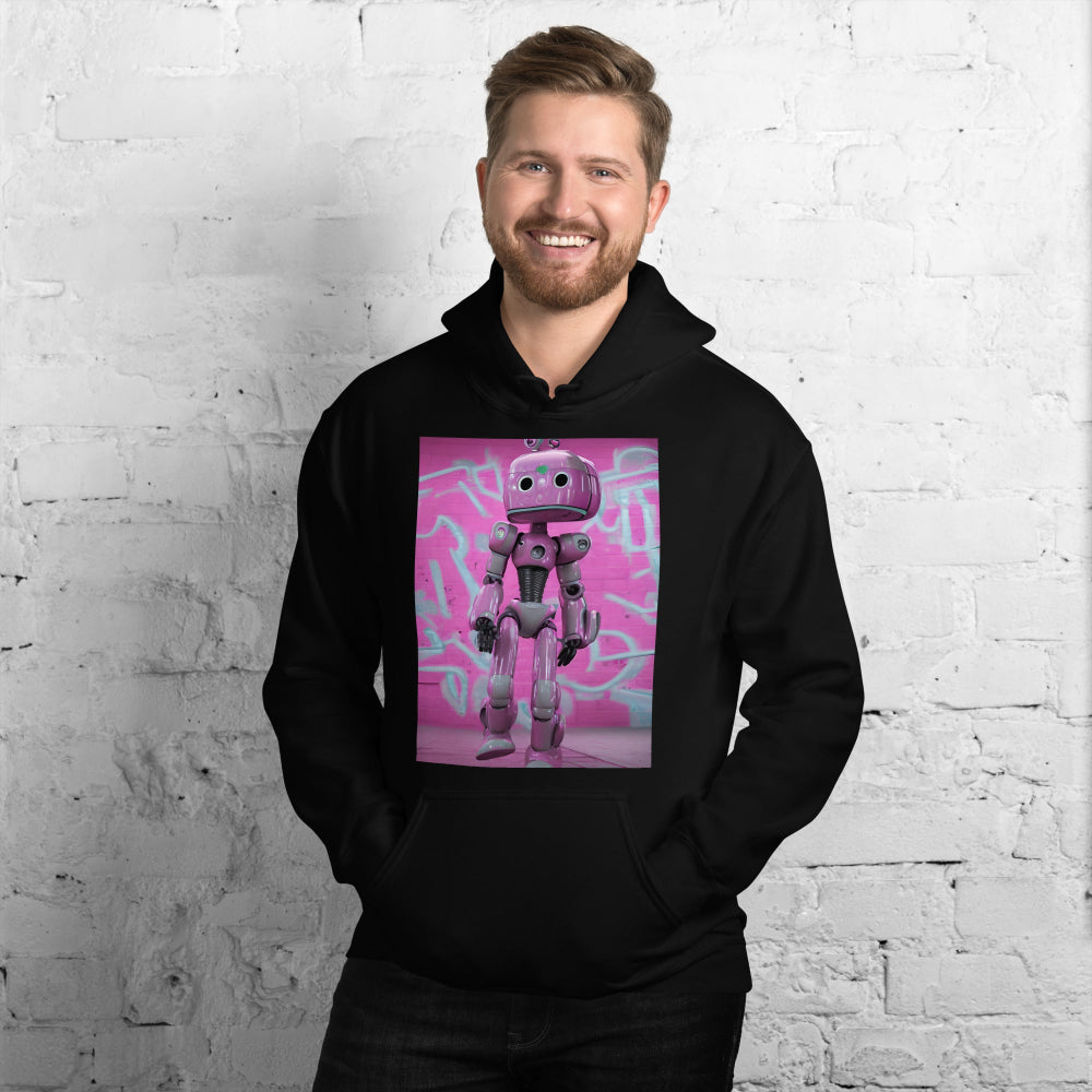 Man-supermodel-wearing-unisex-heavy-blend-hoodie-black-lady-robot-front-SnapNote-streetwear