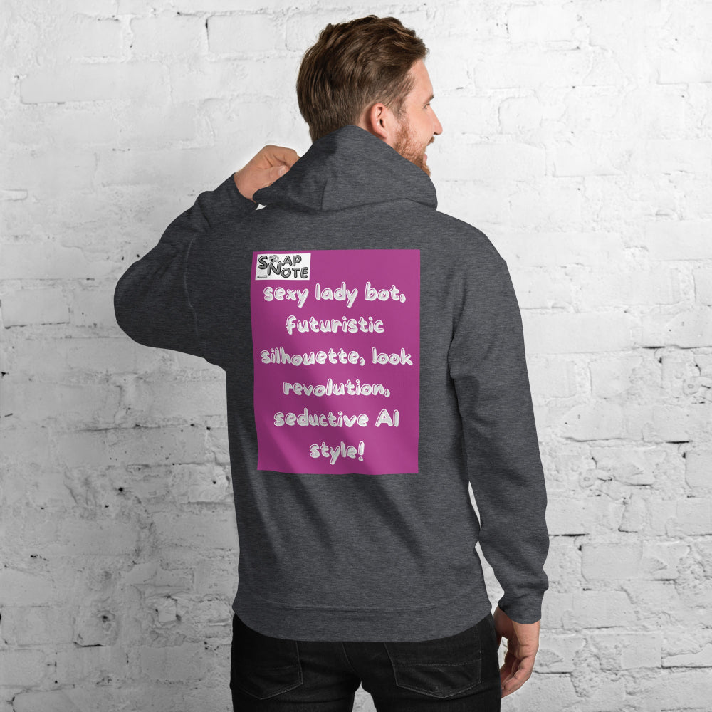 Man-supermodel-wearing-unisex-heavy-blend-hoodie-dark-heather-lady-robot-design-back-SnapNote-streetwear