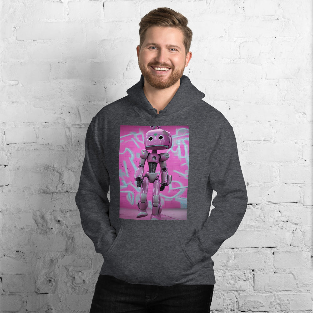 Man-supermodel-wearing-unisex-heavy-blend-hoodie-dark-heather-lady-robot-design-front-SnapNote-streetwear