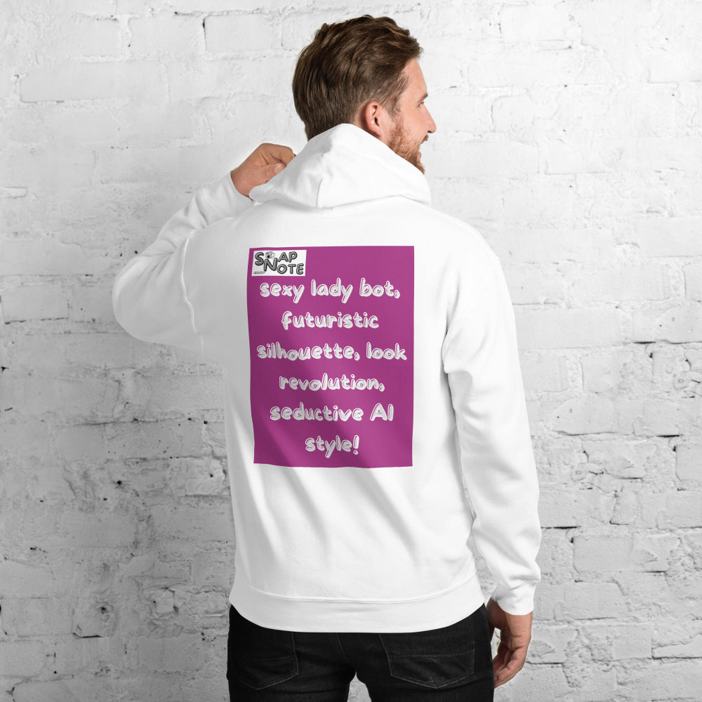 Man-supermodel-wearing-unisex-heavy-blend-hoodie-white-lady-robot-back-SnapNote-streetwear