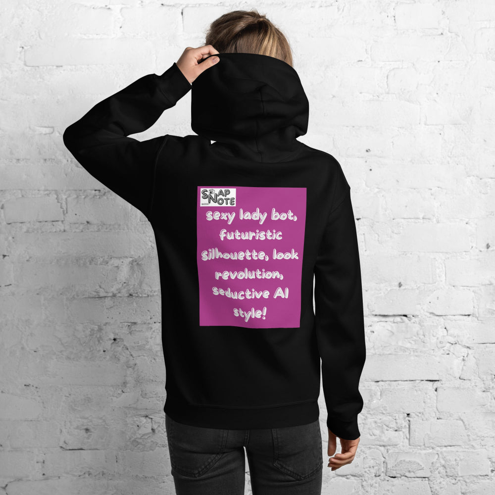 Woman-supermodel-wearing-unisex-heavy-blend-hoodie-black-lady-robot-back-SnapNote-streetwear