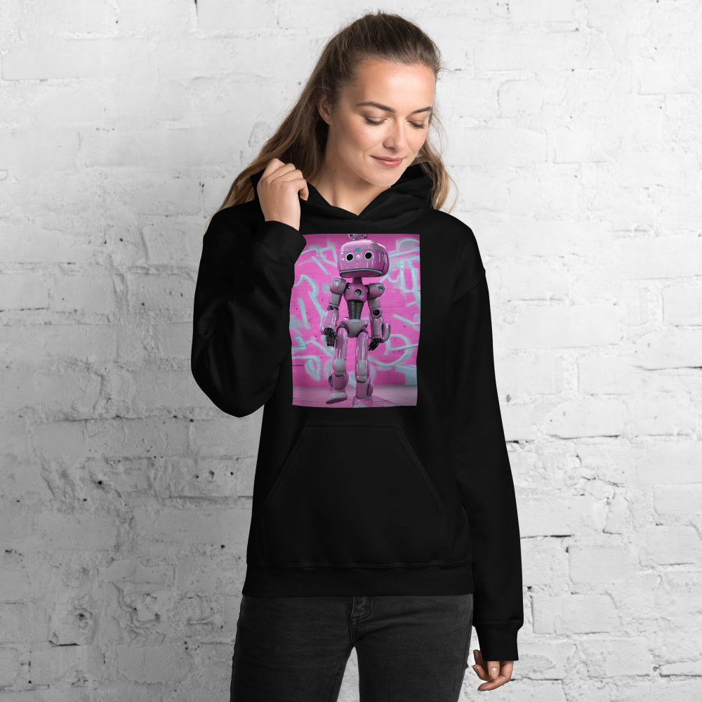 Woman-supermodel-wearing-unisex-heavy-blend-hoodie-black-lady-robot-front-SnapNote-streetwear