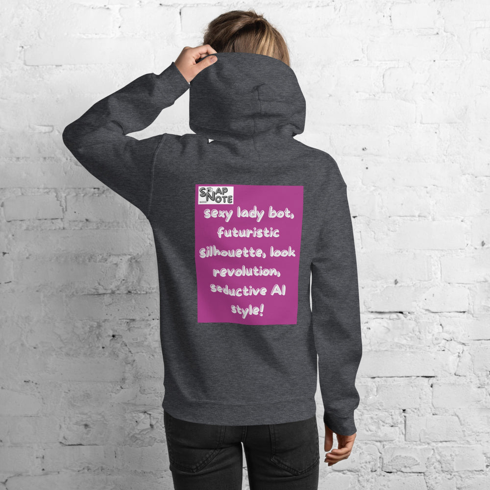 Woman-supermodel-wearing-unisex-heavy-blend-hoodie-dark-heather-lady-robot-design-back-SnapNote-streetwear