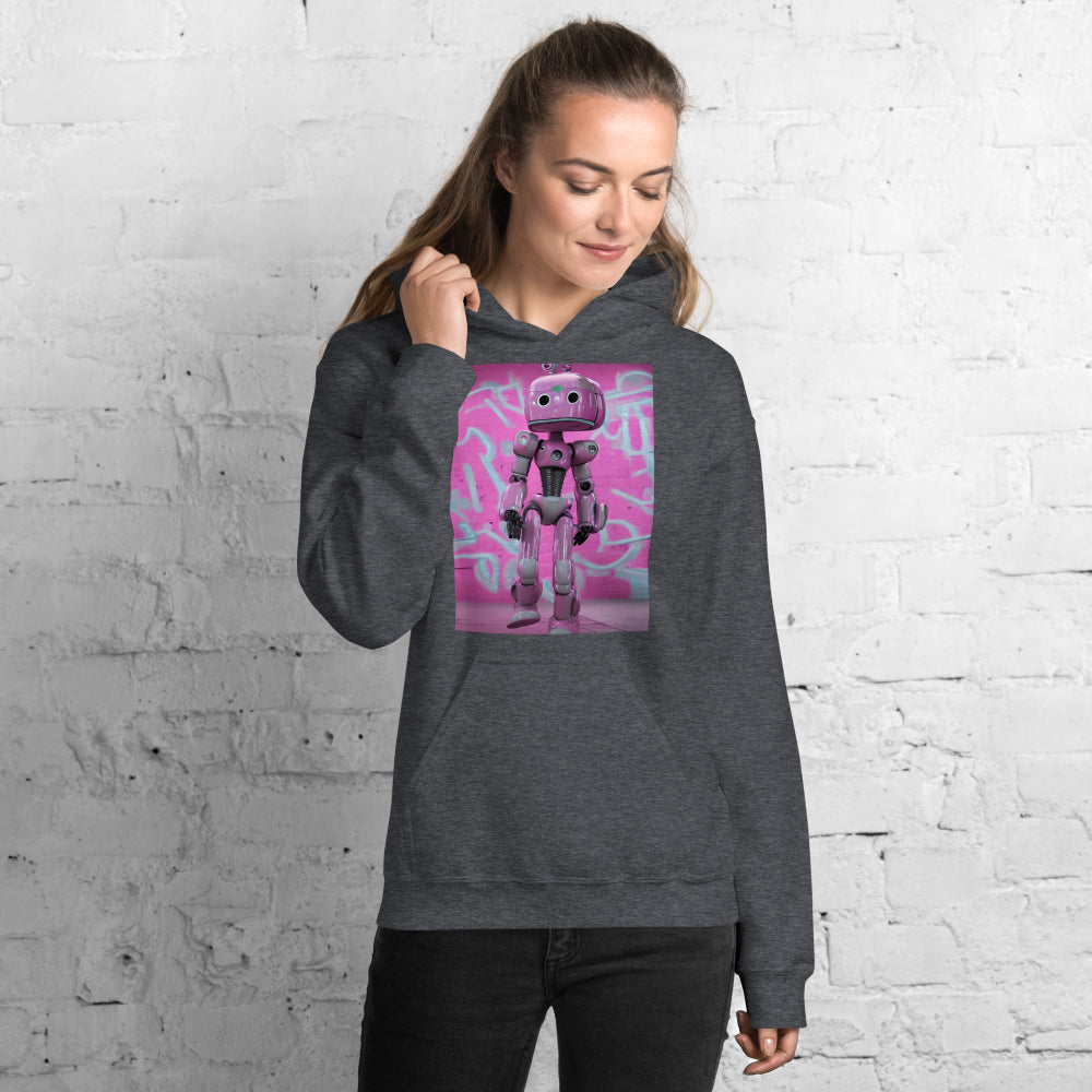 Woman-supermodel-wearing-unisex-heavy-blend-hoodie-dark-heather-lady-robot-design-front-SnapNote-streetwear