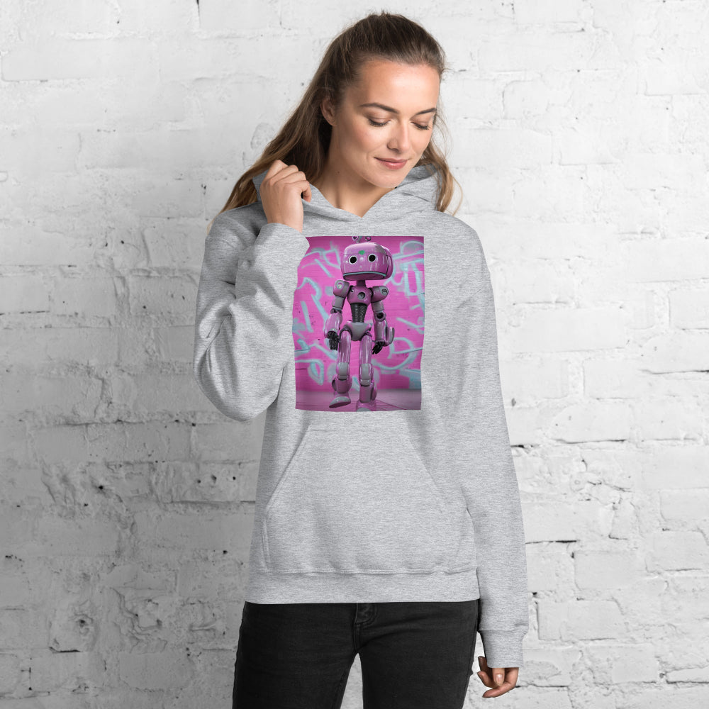 Woman-supermodel-wearing-unisex-heavy-blend-hoodie-sport-grey-lady-robot-front-SnapNote-streetwear