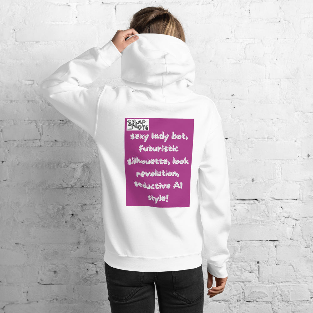 Woman-supermodel-wearing-unisex-heavy-blend-hoodie-white-lady-robot-back-SnapNote-streetwear