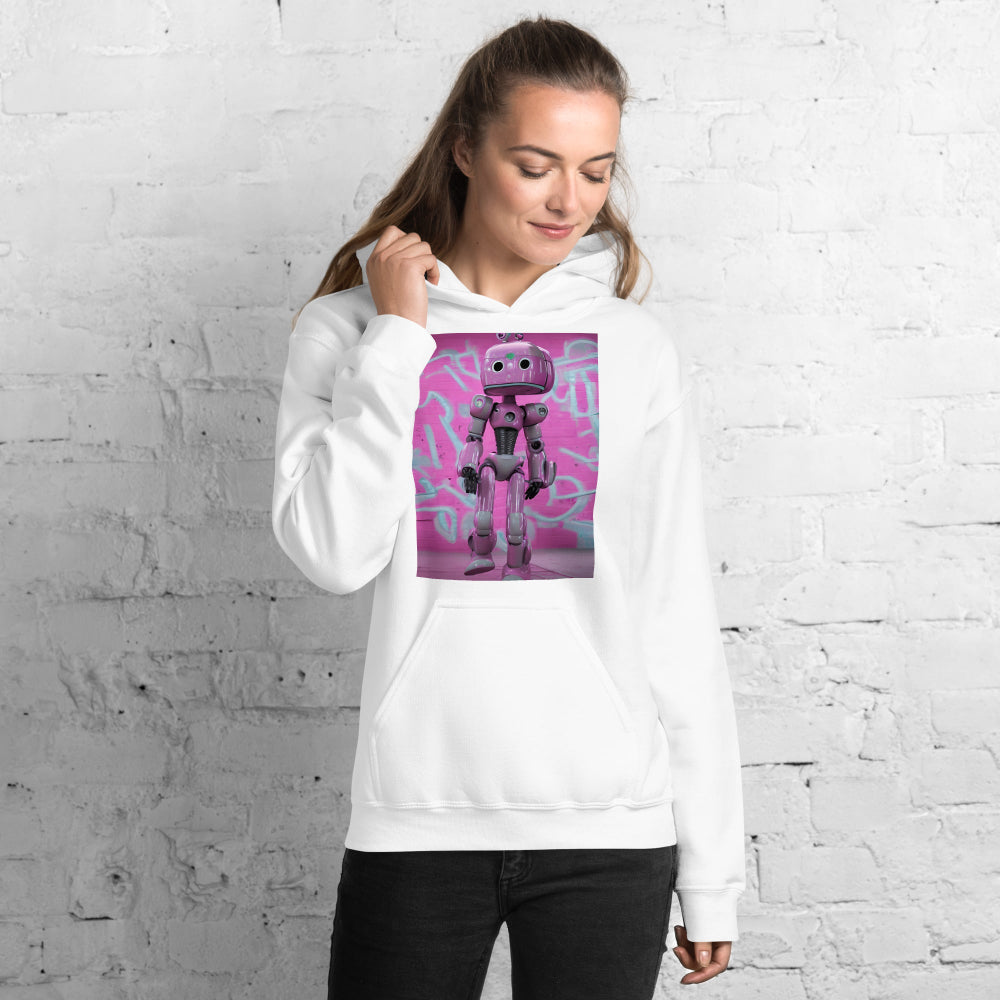Woman-supermodel-wearing-unisex-heavy-blend-hoodie-white-lady-robot-front-SnapNote-streetwear