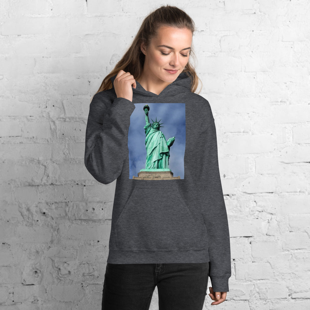 hoodie-hooded-sweatshirt-statue-liberty-turquoise-design-snapnote-streetwear-dark-heather-woman-front