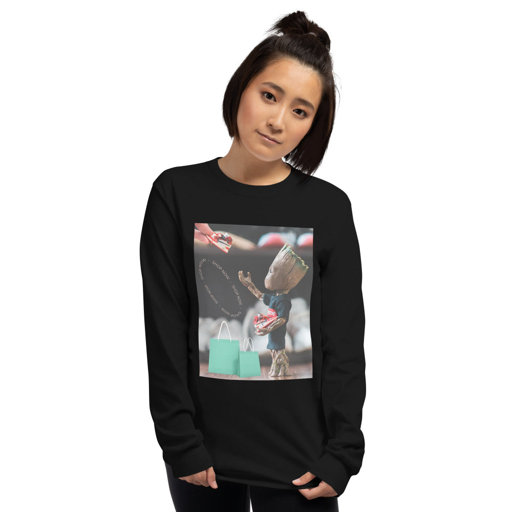 t-shirt-long-sleeves-superhero-shopping-blue-design-snapnote-streetwear-black-woman-front