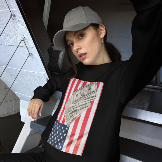 sweatshirt-pullover-usa-flag-dollars-beige-design-snapnote-streetwear-black-woman-front