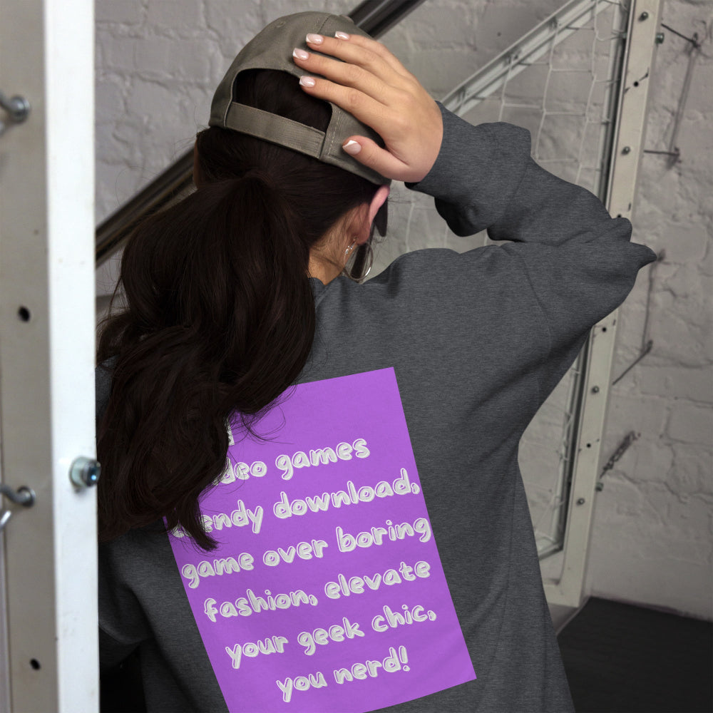 sweatshirt-pullover-video-game-purple-design-snapnote-streetwear-dark-heather-woman-back