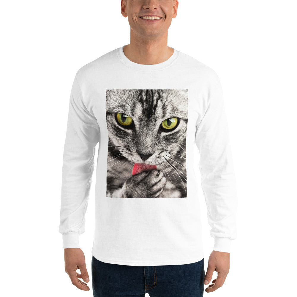 t-shirt-long-sleeves-cute-tabby-cat-pink-design-snapnote-streetwear-white-man-front