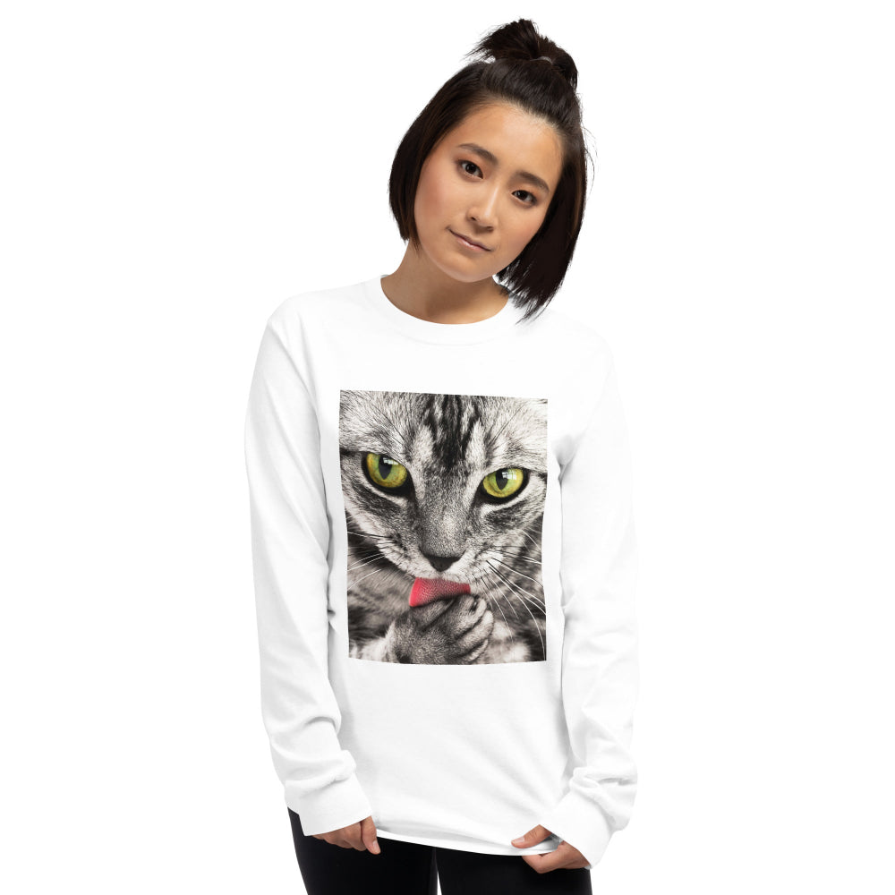 t-shirt-long-sleeves-cute-tabby-cat-pink-design-snapnote-streetwear-white-woman-front