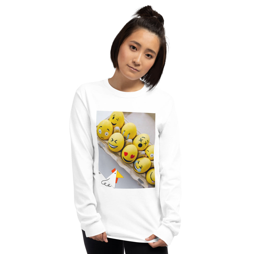 t-shirt-long-sleeves-emoji-emoticon-blue-design-snapnote-streetwear-white-woman-front
