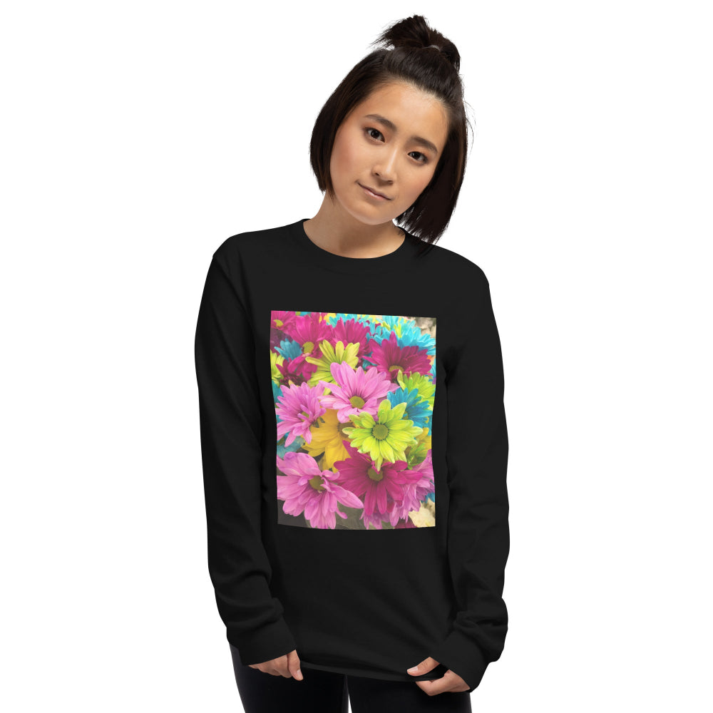 t-shirt-long-sleeves-hippie-flowers-green-design-snapnote-streetwear-black-woman-front