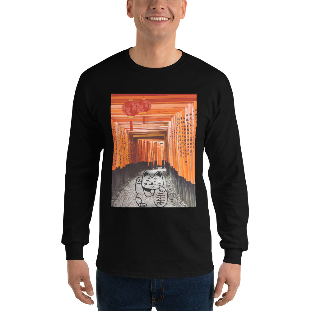 t-shirt-long-sleeves-maneki-neko-japan-orange-design-snapnote-streetwear-black-man-front