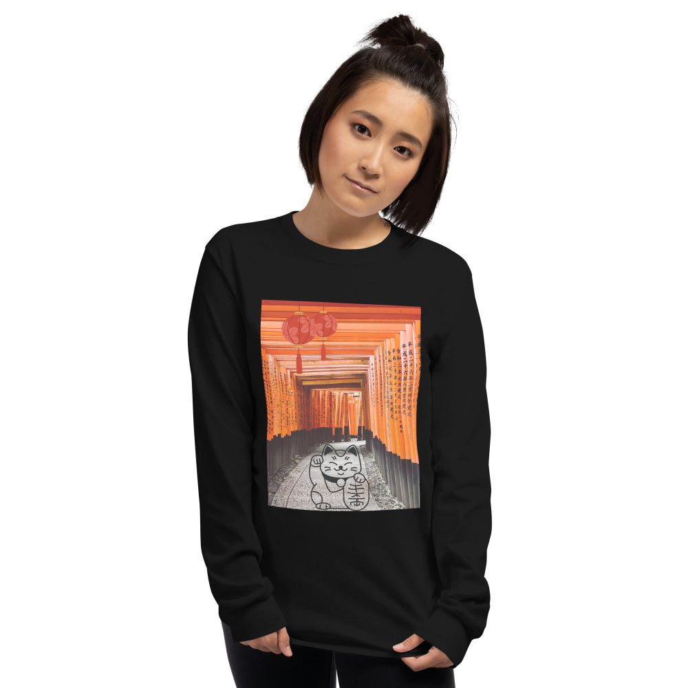 t-shirt-long-sleeves-maneki-neko-japan-orange-design-snapnote-streetwear-black-woman-front