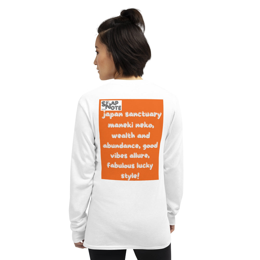 t-shirt-long-sleeves-maneki-neko-japan-orange-design-snapnote-streetwear-white-woman-back
