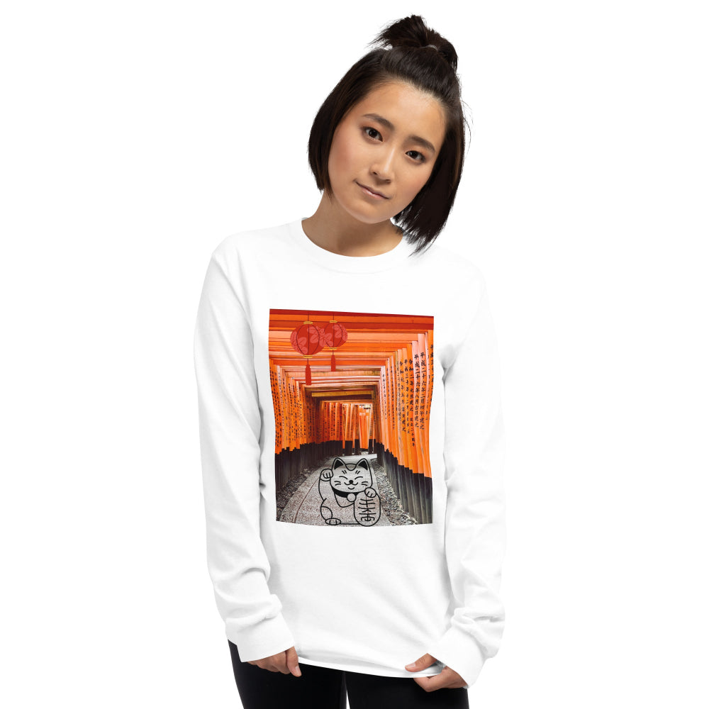 t-shirt-long-sleeves-maneki-neko-japan-orange-design-snapnote-streetwear-white-woman-front