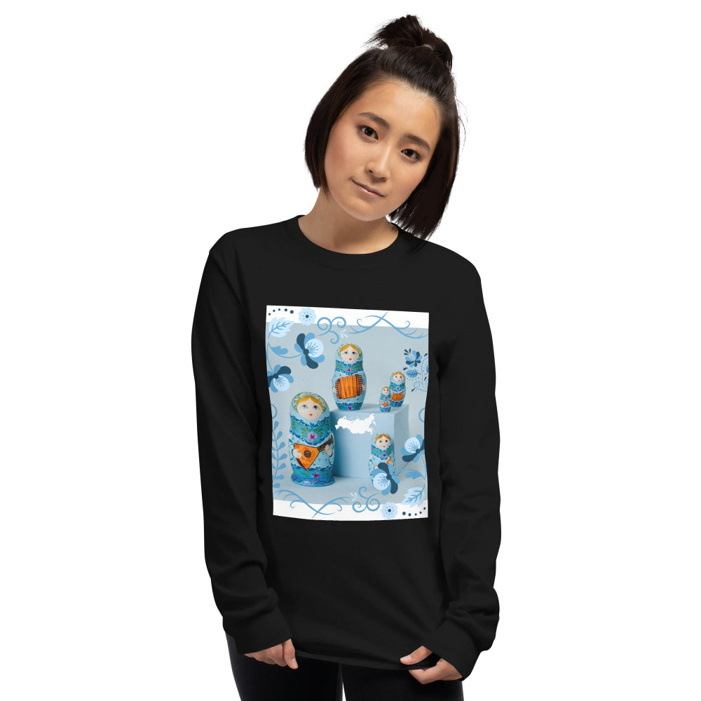 t-shirt-long-sleeves-matrioshkas-russia-blue-design-snapnote-streetwear-black-woman-front