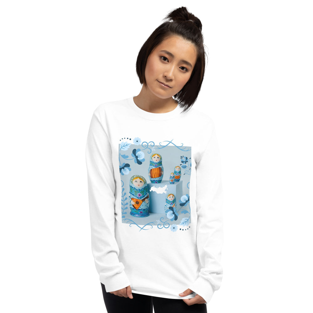 t-shirt-long-sleeves-matrioshkas-russia-blue-design-snapnote-streetwear-white-woman-front